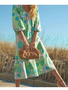 Hyacinth House Green Floral Midi Dress with Puff Sleeves